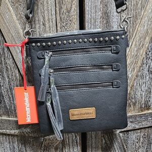 NWT Black Montana West Crossbody Bag with Textured Leather and Tassel Detail